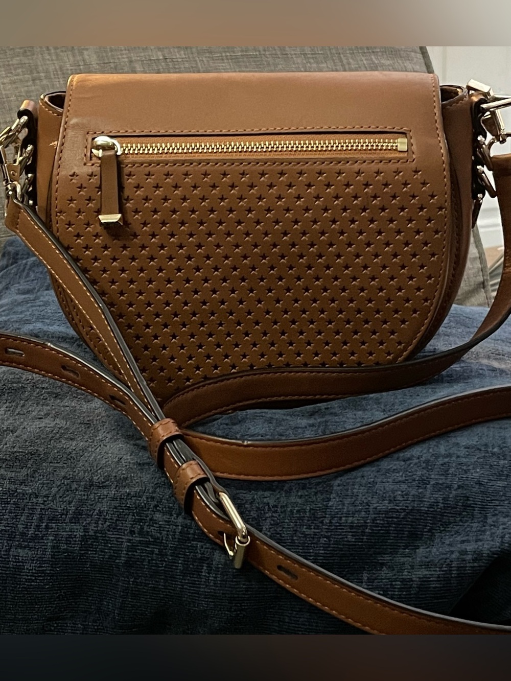 Rebecca Minkoff Tan Perforated Star Crossbody with Gold Zip